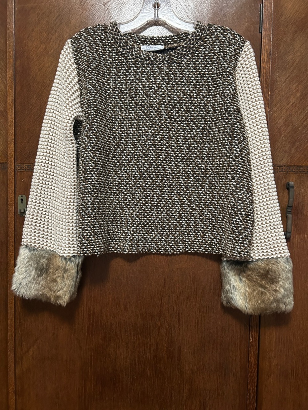 Zara Chunky Waffle Knit Cropped Sweater with Faux Fur Cuffs - Brown & Cream.